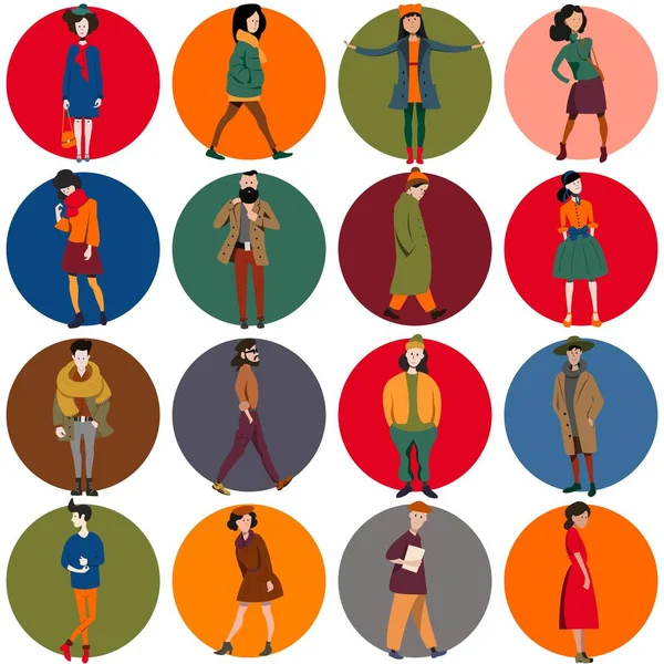 Conjunto Diferentes Personas Hombres Mujeres Diferentes Poses Diferentes Ropas Ilustración — Archivo Imágenes Vectoriales