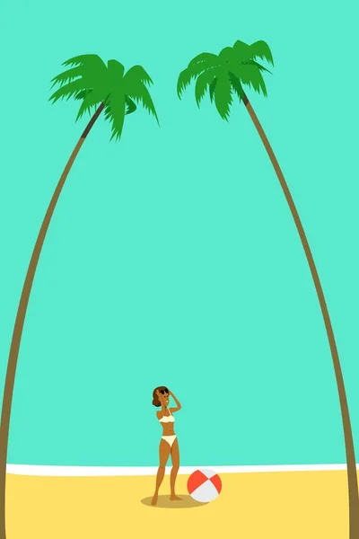 穿着游泳衣的女孩站在棕榈树和明亮的蓝天的背景上 夏天的海报 在海滩上放松 矢量说明 — 图库矢量图片