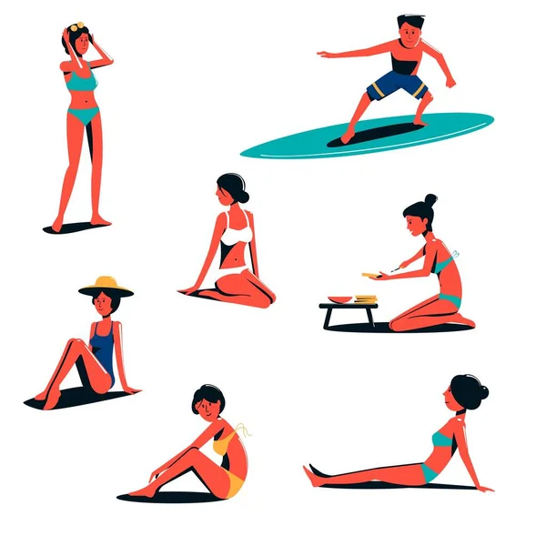 Persone Sulla Spiaggia Sono Rilassanti Prendere Sole Nuotare Fare Surf — Vettoriale Stock