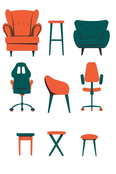 Set Aus Möbeln Stühlen Stühlen Und Hockern Flachen Stil — Stockvektor