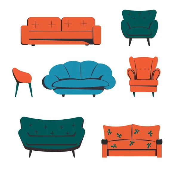 Set Furniture Room Sofas Chairs Couches Home Furnishings Flat Style — Stock Vector