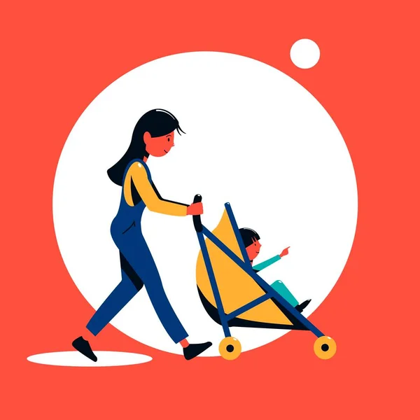 Young Girl Mom Walking Baby Stroller Flat Vector Characters — Stock Vector