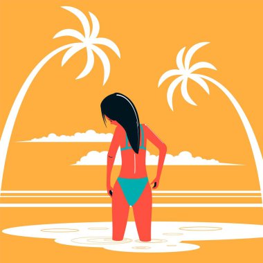 Mayo giymiş bir kız, palmiye ağaçlarının arka planında denizde duruyor. Düz vektör karakteri.