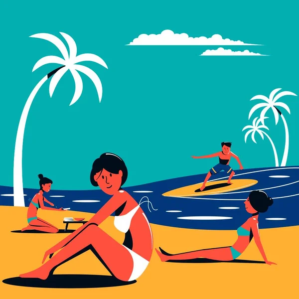 Gente Vacaciones Trajes Baño Vacaciones Playa Centro Verano Ilustración Vectorial — Vector de stock
