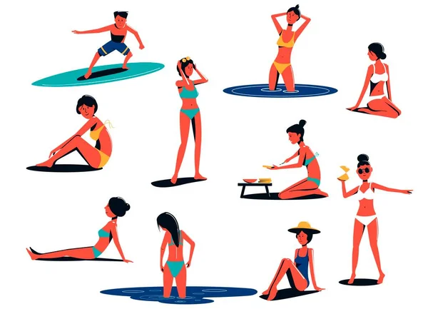 Eine Gruppe Von Menschen Badeanzügen Die Sich Strand Ausruhen Sonnen — Stockvektor