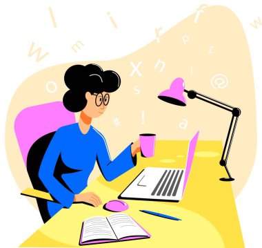 Elinde bir kupa çayla bir masada dizüstü bilgisayarda oturan bir kız. Metin yazarı, yazar, iş yerindeki gazeteci. Düz vektör illüstrasyonu.