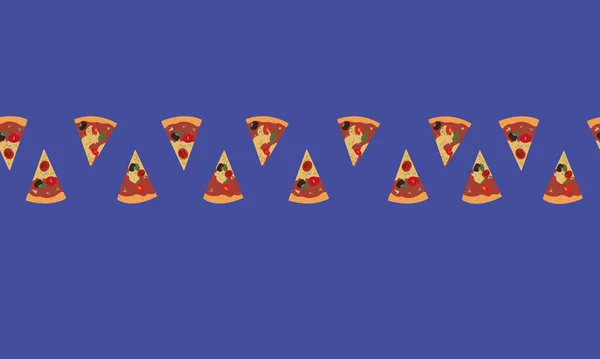Sömlöst vektormönster. Pizzaskivor ligger i mitten. Isolerad på en blå bakgrund. — Stock vektor