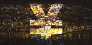 Yuan money sign on sunset city background