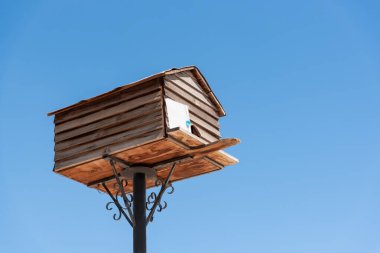 Mavi gökyüzüne karşı ahşap yuva kutusu. Boşluğu kopyala.