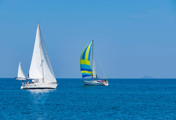 在阳光灿烂的日子 在蓝色的大海中航行的皇家渡渡鸟 游艇探险的概念 案文的篇幅 — 图库照片