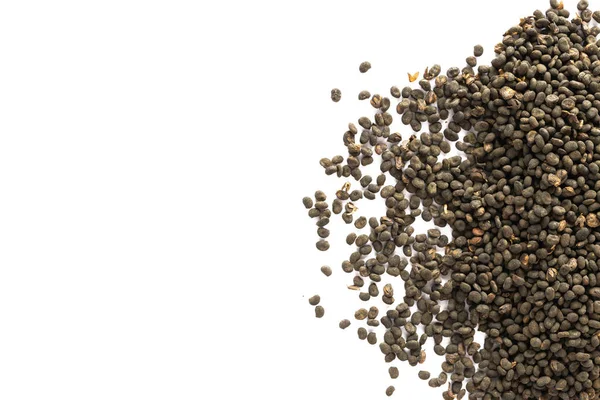 Beyaz arka planda izole edilmiş Babchi kuru tohumları. Bakuchiol (Psoralea Corylifolia) kavramı. Tasarım şablonu, kopyalama alanı, düz konum.