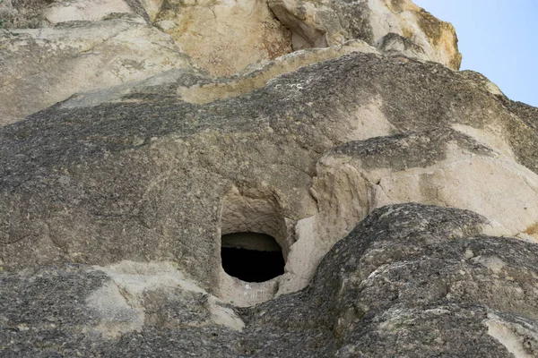 Pedras Vulcânicas Antigas Com Cavernas Buracos Capadócia Turquia — Fotografia de Stock