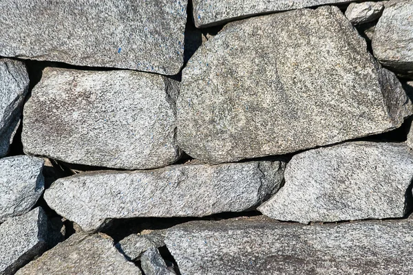 Background of rocks and granite in various sizes and shades of grey and tan with dominant big brown rock.