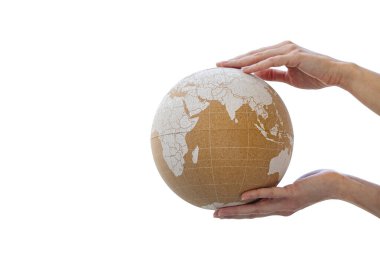 Conceptual poster of person holding Earth globe isolated on white background