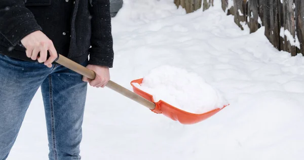 Person Cleaning Yard Snow Shovel — Stock Photo, Image