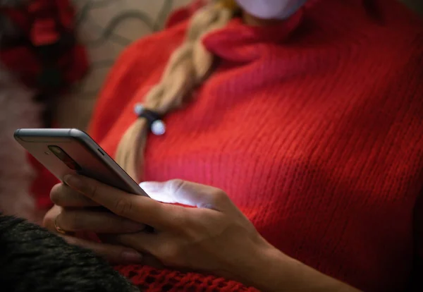Close View Blonde Woman Red Sweater Using Smartphone — Stock Photo, Image
