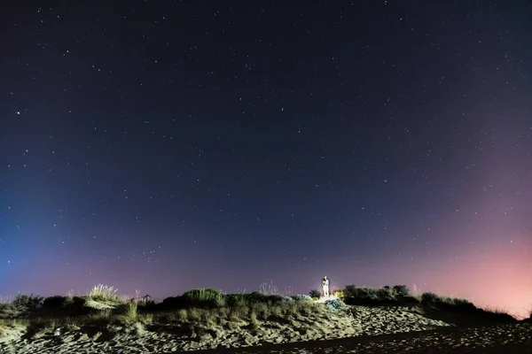 Night Landscape Beach Dark Sky City Lights — Stock Photo, Image