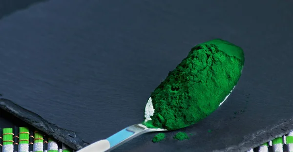 Κλείσιμο Του Πράσινου Σκόνη Spirulina — Φωτογραφία Αρχείου