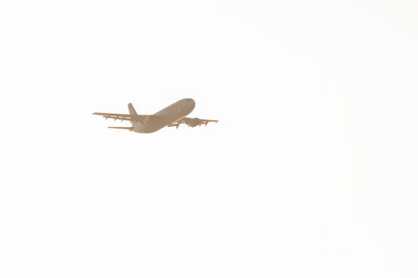 Airplane silhouette flying during sunrise with bright white sky on background. Copy space, horizontal. — Stock Photo, Image