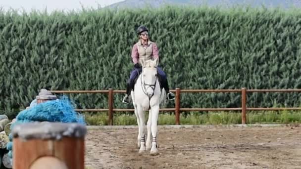 Mulher Montando Cavalo Branco Rancho Durante Aula Equitação — Vídeo de Stock