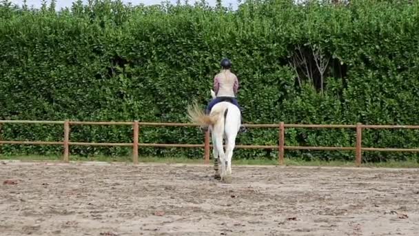 Femme chevauchant cheval blanc sur un ranch pendant la leçon d'équitation .