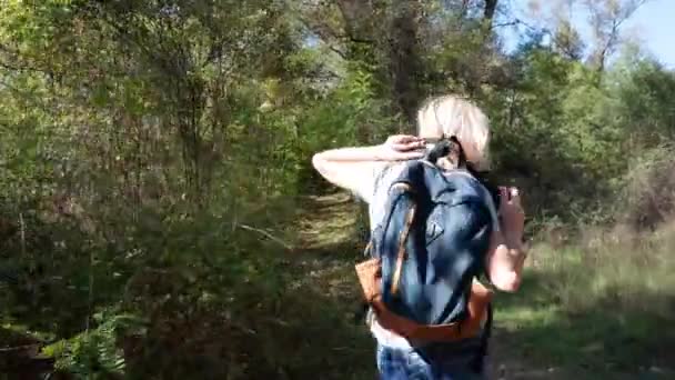 Wanita Muda Dengan Ransel Hiking Hutan Oleh Sungai Bersenang Senang — Stok Video