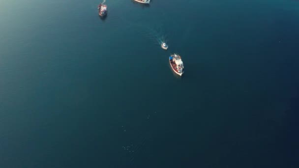 海でゆっくりと航海する3隻の産業漁船 空中風景 — ストック動画