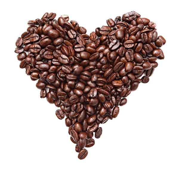 Whole roasted coffee beans in heart shape isolated on white background.