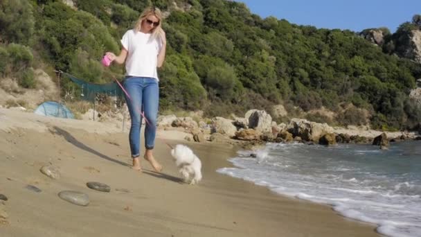 Ξανθιά Γυναίκα Περπατά Σκυλί Στην Παραλία — Αρχείο Βίντεο