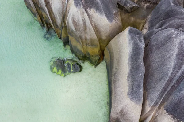 Rocas Costa Tropical Océano Azul Islas Seychelles — Foto de Stock