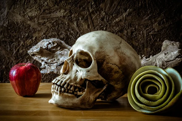 Vida morta com crânio e maçã verde — Fotografia de Stock