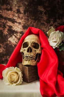 Kırmızı gül ve beyaz gül ile insan kafatası ile natürmort 