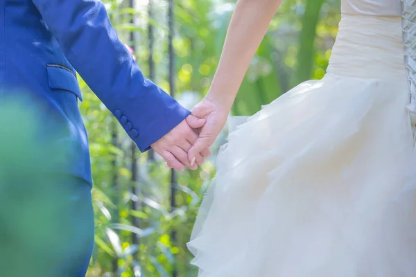 Groom holding bride's hand in outdoors wedding, holding hands ne — Stock Photo, Image