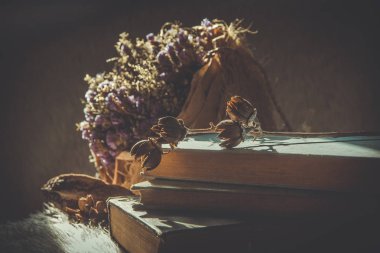Natürmort kitaplar ve kurutulmuş çiçeklerle vintage renkte sunulan