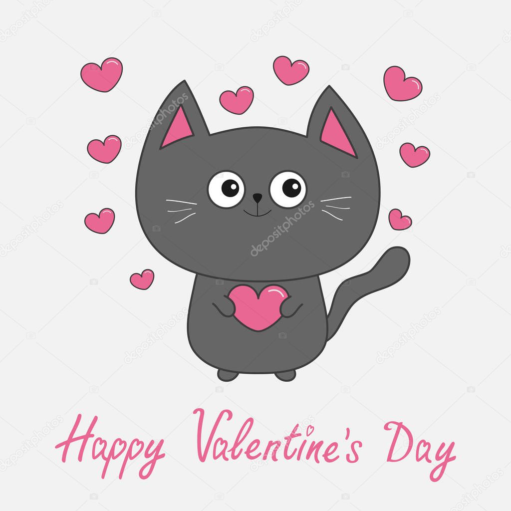 Gray cat holding pink heart
