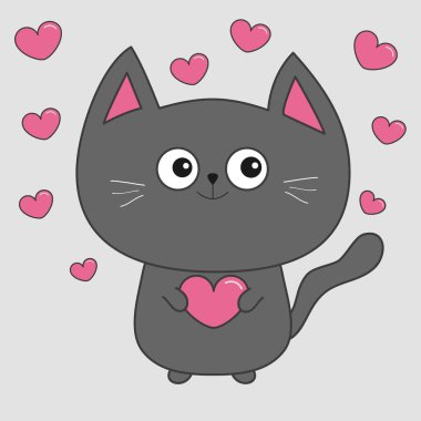 Gri kedi holding pembe kalp