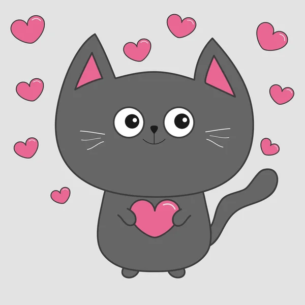 Gray cat holding pink heart — Stock Vector