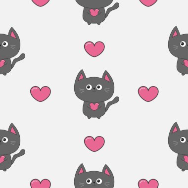 kedi ve pembe kalpler desen