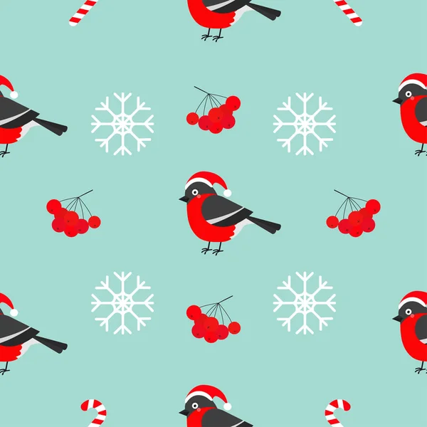 Gimpel mit Weihnachtsmütze, Vogelbeeren und Schneeflocken — Stockvektor