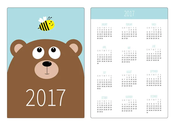 Календарь с мультяшным медведем, смотрящим на пчелу — стоковый вектор