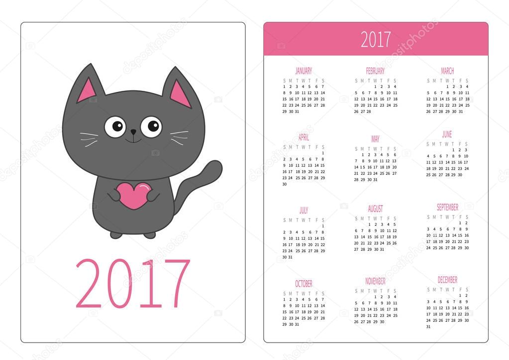 Cep takvim ile kedi 2017 yıl — Stok Vektör © worldofvector 132369346