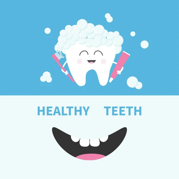 Здоровый зуб с пастой и щеткой — стоковый вектор