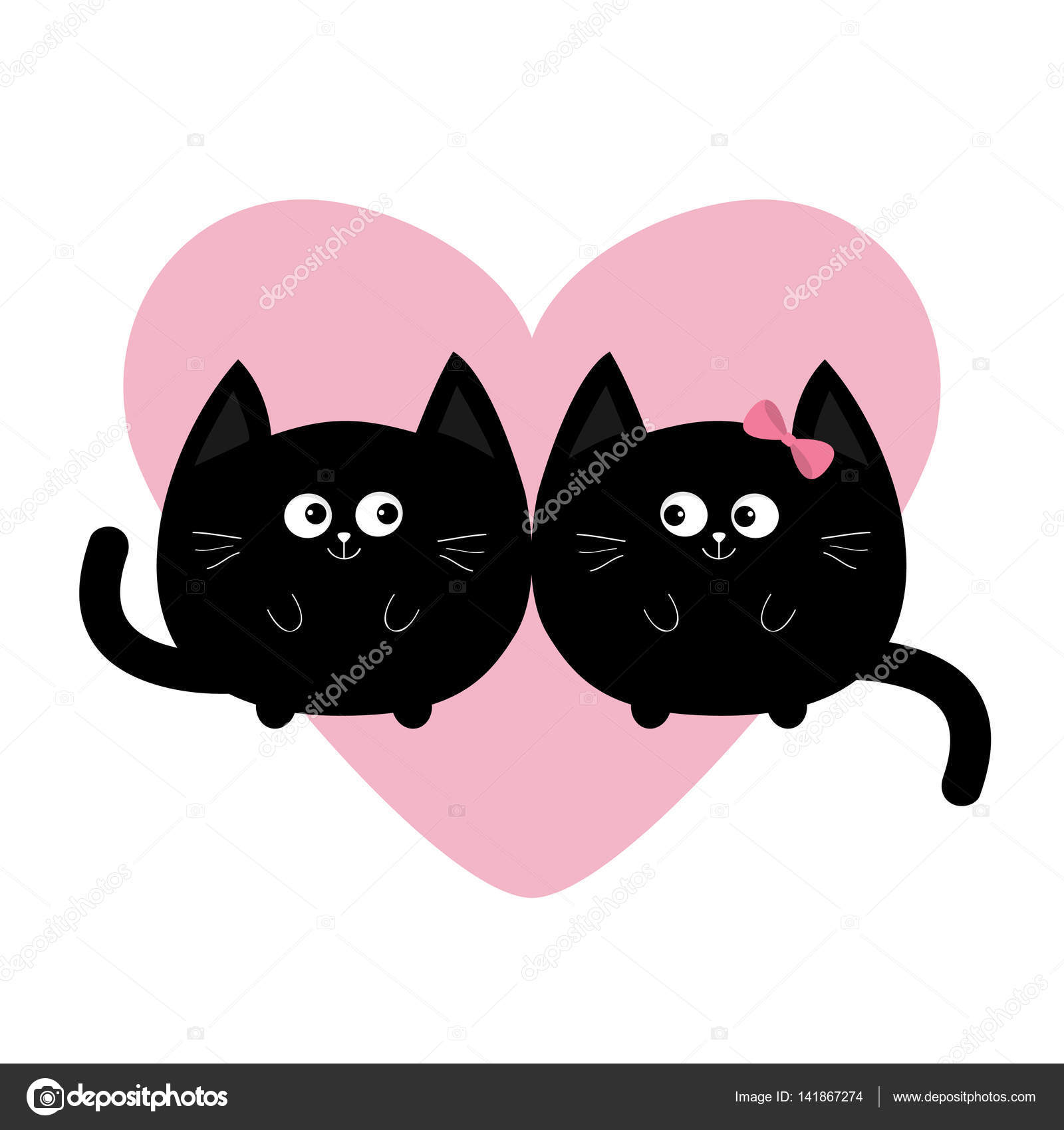 Black White contour Cat head couple family icon. Red heart. Cute funny  cartoon character. Word love Valentines day Greeting card. Kitty Whisker  Baby pet collection background. Isolated. Flat design. Stock Vector