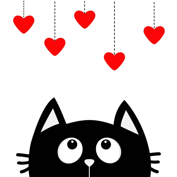 Czarny kot, patrząc na wiszące czerwone serca. — Wektor stockowy
