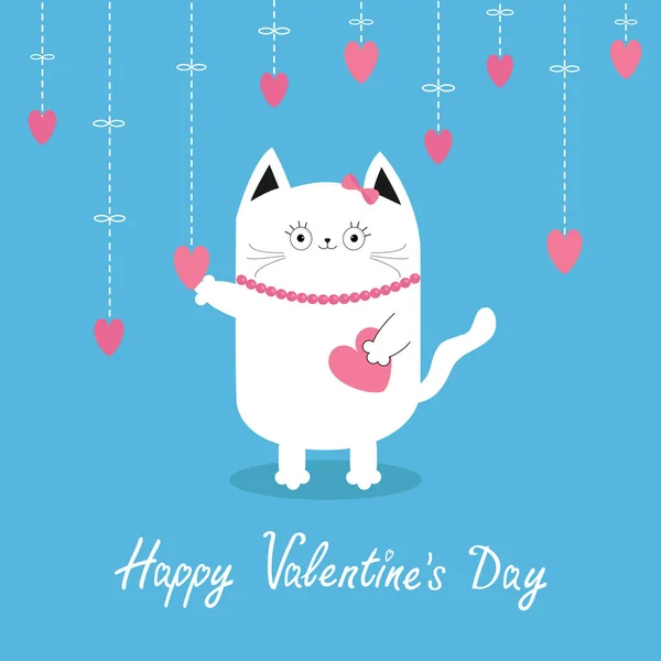 White cat Hanging pink hearts. — Stock Vector
