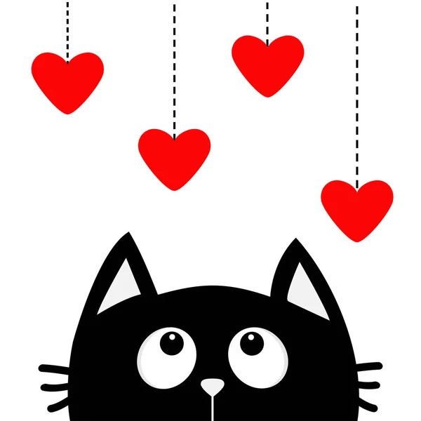 Chat noir levant les yeux vers les coeurs rouges suspendus . — Image vectorielle