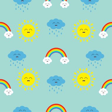 Karikatür güneş, bulut ile yağmur, gökkuşağı