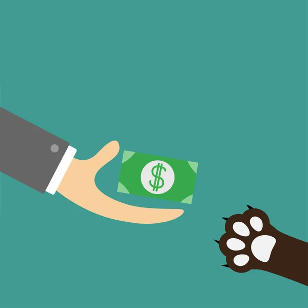 Hand giving money to pet paw — Stock Vector