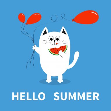 Beyaz kedi holding kırmızı balonlar