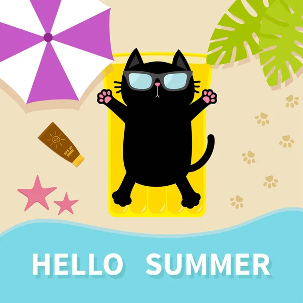 Černá kočka, opalování na pláži — Stockový vektor